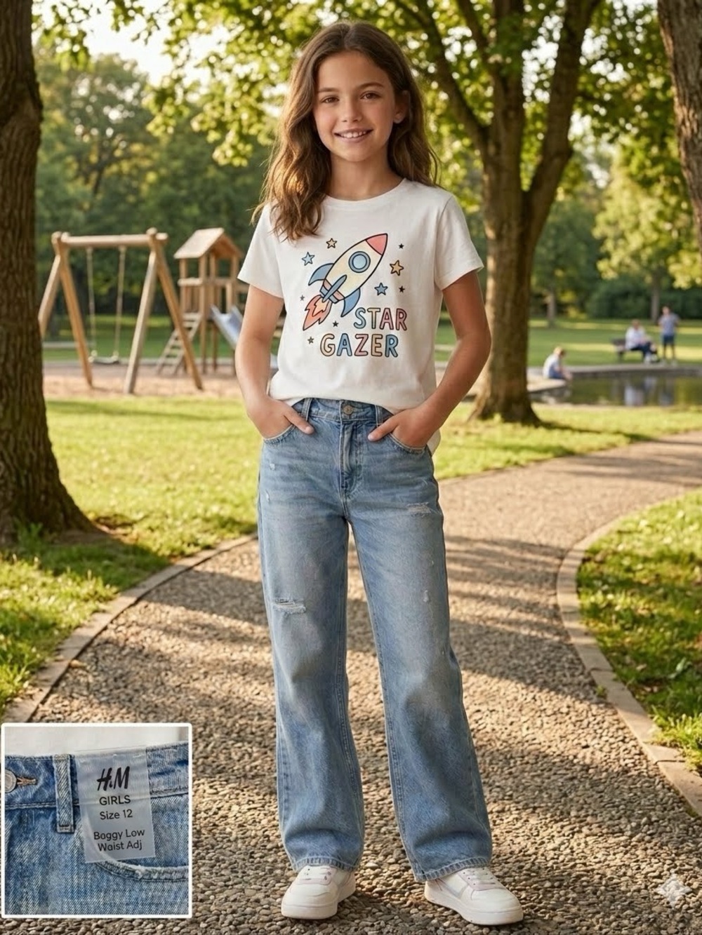 H&M Girls Baggy Bootcut Jeans Light Wash Distressed Sz 12 NWT